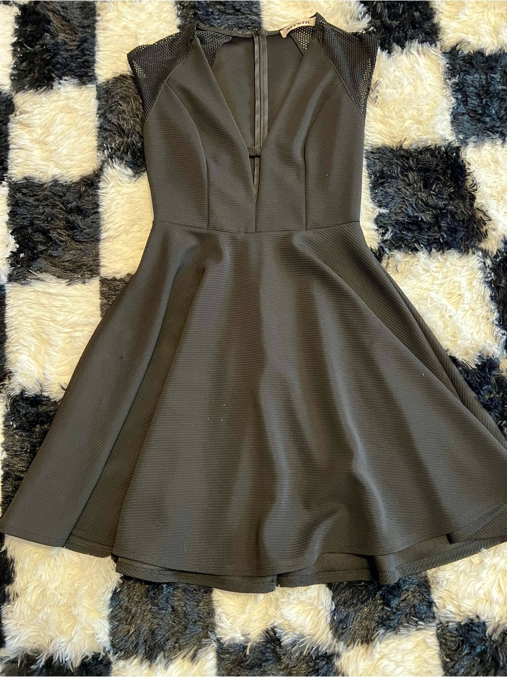 Mystic Black Fit-and-Flare Mini Dress with Mesh Shoulders